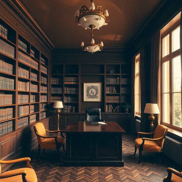 Interior de birou de consiliere din Constanța, tonuri de charcoal și auriu, biblioteci cu volume juridice